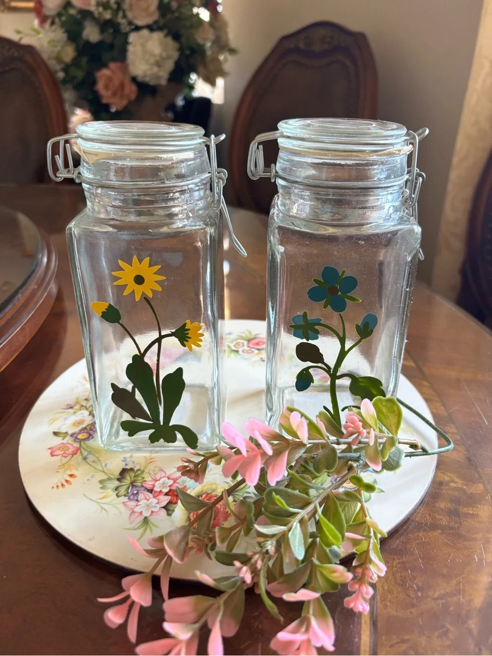 Set of 2 Glass Clip-Top Canisters with Floral Decals - Yellow & Teal New